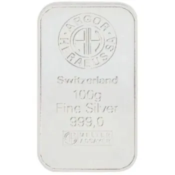 Rechteckiger 100 g Silberbarren von Argor-Heraeus, geprägt mit Logo, Gewichts- und Feinheitsangabe 999,9 Feinsilber.