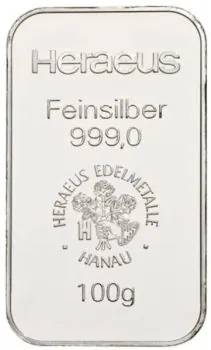 Rechteckiger 100 g Silberbarren von Argor-Heraeus, geprägt mit Logo, Gewichts- und Feinheitsangabe 999,9 Feinsilber.