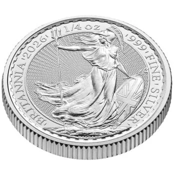 1/4 Unze Silbermünze Britannia 2026 mit Porträt von König Charles III. auf der Vorderseite, Rückseite mit klassischer Britannia-Darstellung, geprägt in 999 Feinsilber.“