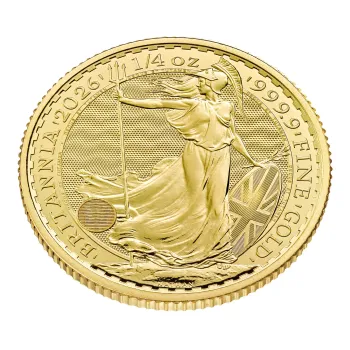 „1/4 Unze Goldmünze Großbritannien 2026 – Britannia mit Porträt von König Charles III. Vorderseite zeigt das offizielle Porträt des Königs, Rückseite die klassische Darstellung der Britannia.“