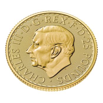 „1/4 Unze Goldmünze Großbritannien 2026 – Britannia mit Porträt von König Charles III. Vorderseite zeigt das offizielle Porträt des Königs, Rückseite die klassische Darstellung der Britannia.“