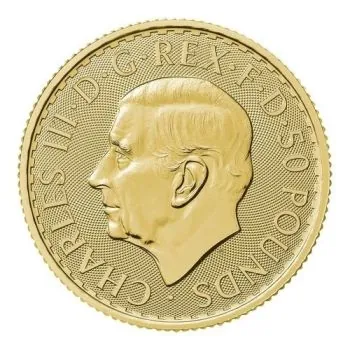 „1/4 Unze Goldmünze Großbritannien 2026 – Britannia mit Porträt von König Charles III. Vorderseite zeigt das offizielle Porträt des Königs, Rückseite die klassische Darstellung der Britannia.“