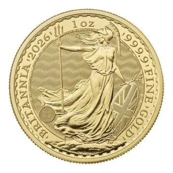 1 Unze Goldmünze Großbritannien 2026 – Britannia mit Porträt von König Charles III. Vorderseite zeigt das offizielle Porträt des Königs, Rückseite die klassische Darstellung der Britannia. Lieferung einzeln in Kapseln oder im 10er Tube
