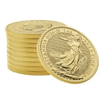 1 Unze Goldmünze Großbritannien 2026 – Britannia mit Porträt von König Charles III. Vorderseite zeigt das offizielle Porträt des Königs, Rückseite die klassische Darstellung der Britannia. Lieferung einzeln in Kapseln oder im 10er Tube