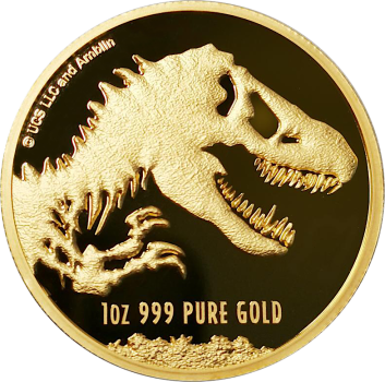 Unze Goldmünze Niue 2021 Jurassic World™, Vorderseite mit Porträt von Königin Elizabeth II., Rückseite mit detailreichem T-Rex-Skelett, Proof-Qualität, weltweit auf 100 Stück limitiert.