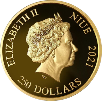 Unze Goldmünze Niue 2021 Jurassic World™, Vorderseite mit Porträt von Königin Elizabeth II., Rückseite mit detailreichem T-Rex-Skelett, Proof-Qualität, weltweit auf 100 Stück limitiert.