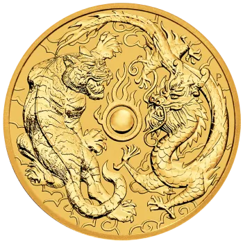 1 Unze Goldmünze Australien 2019 – Drache & Tiger, geprägt von der Perth Mint, Vorderseite mit Porträt von Königin Elizabeth II., Rückseite mit detailreicher Darstellung von Drache und Tiger
