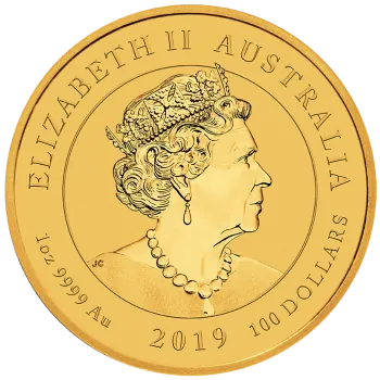 1 Unze Goldmünze Australien 2019 – Drache & Tiger, geprägt von der Perth Mint, Vorderseite mit Porträt von Königin Elizabeth II., Rückseite mit detailreicher Darstellung von Drache und Tiger