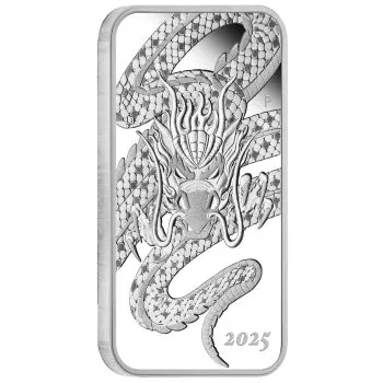 1 Unze Silber Münzbarren Australien 2025 in rechteckiger Form, Motiv chinesischer Drache, polierte Platte, geliefert im Schweberahmen mit Zertifikat und Umverpackung.