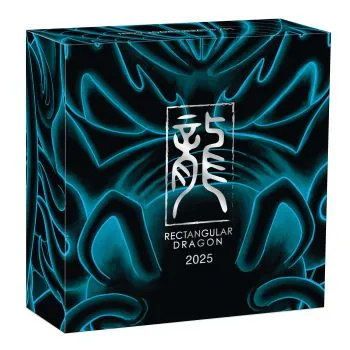 1 Unze Silber Münzbarren Australien 2025 in rechteckiger Form, Motiv chinesischer Drache, polierte Platte, geliefert im Schweberahmen mit Zertifikat und Umverpackung.