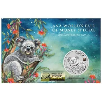 1 Unze Silbermünze Australien 2025 Koala im Blister, Sonderausgabe der Perth Mint zur ANA World's Fair of Money, mit Bison Privy Mark, limitierte Auflage 2.500 Stück