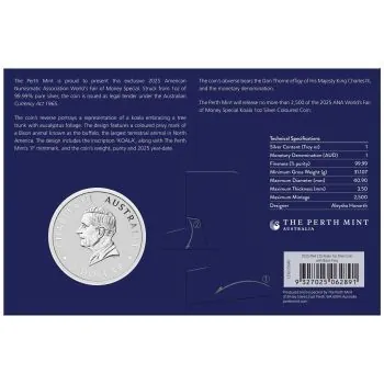 1 Unze Silbermünze Australien 2025 Koala im Blister, Sonderausgabe der Perth Mint zur ANA World's Fair of Money, mit Bison Privy Mark, limitierte Auflage 2.500 Stück