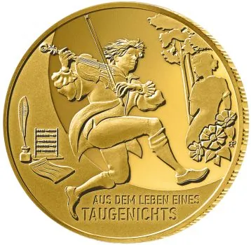 „Deutschland 100 Euro Gold Gedenkmünze 2025, Motiv: Aus dem Leben eines Taugenichts, dritte Ausgabe der Serie Meisterwerke der Deutschen Literatur, Vorderseite mit Bundesadler, Rückseite mit künstlerischer Darstellung aus dem Werk, Auflage 66.000 Stück, P