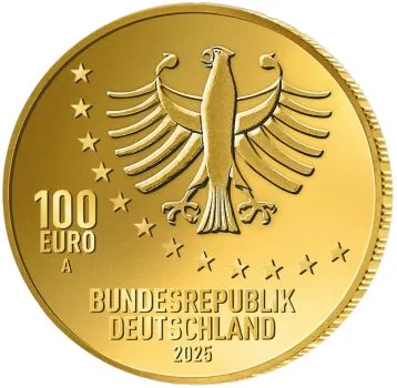 „Deutschland 100 Euro Gold Gedenkmünze 2025, Motiv: Aus dem Leben eines Taugenichts, dritte Ausgabe der Serie Meisterwerke der Deutschen Literatur, geprägt von Prägeanstalt A, Vorderseite mit Bundesadler, Rückseite mit künstlerischer Darstellung aus dem W