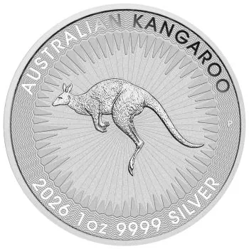 „1 Unze Silbermünze Australien 2026 Känguru, geprägt von der Perth Mint, Vorderseite mit Porträt von König Charles III., Rückseite zeigt detailreich ein springendes Känguru mit radialem Linienhintergrund.“