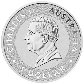 „1 Unze Silbermünze Australien 2026 Känguru, geprägt von der Perth Mint, Vorderseite mit Porträt von König Charles III., Rückseite zeigt detailreich ein springendes Känguru mit radialem Linienhintergrund.“