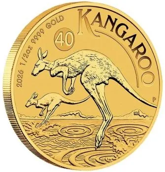 „1/2 Unze Goldmünze Australien 2026 Känguru (40th Anniversary), geprägt von der Perth Mint, Vorderseite mit Porträt von König Charles III., Rückseite mit Känguru-Motiv, einzeln gekapselt.“