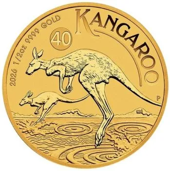 „1/2 Unze Goldmünze Australien 2026 Känguru (40th Anniversary), geprägt von der Perth Mint, Vorderseite mit Porträt von König Charles III., Rückseite mit Känguru-Motiv, einzeln gekapselt.“