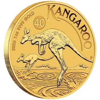 1 Unze Goldmünze Australien 2026 Känguru (40th Anniversary), geprägt von der Perth Mint, Vorderseite mit Porträt von König Charles III., Rückseite mit detailreicher Känguru-Darstellung