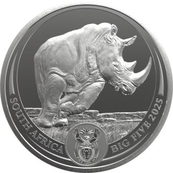 1 Unze Silbermünze Südafrika 2025 Big Five III Nashorn, Vorderseite mit detailliertem Nashorn-Porträt, Rückseite zeigt zwei Nashörner, die zusammen ein Gesamtbild ergeben, geprägt von der South African Mint, einzeln gekapselt.