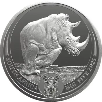 1 Unze Silbermünze Südafrika 2025 Big Five III Nashorn, Vorderseite mit detailliertem Nashorn-Porträt, Rückseite zeigt zwei Nashörner, die zusammen ein Gesamtbild ergeben, geprägt von der South African Mint, einzeln gekapselt.