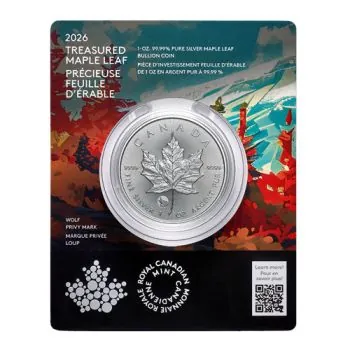 „1 Unze Silbermünze Kanada 2026 Maple Leaf im Blister der Royal Canadian Mint, Vorderseite mit Porträt von König Charles III., Rückseite mit klassischem Ahornblatt und feinem Wolf-Privy-Mark, geprägt in 999,9 Feinsilber mit Radiallinien und Micro-Engravin
