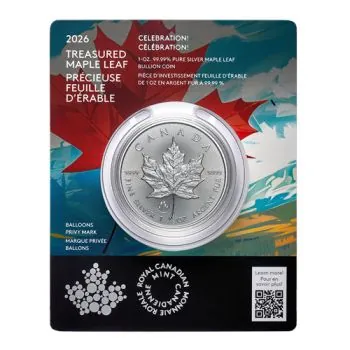1 Unze Silbermünze Kanada 2026 Maple Leaf im Blister der Royal Canadian Mint, Vorderseite mit Porträt von König Charles III., Rückseite mit klassischem Ahornblatt und Privy-Mark ‚Celebration‘, geprägt in 999,9 Feinsilber mit Radiallinien und Micro-Engravi