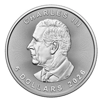1 Unze Silbermünze Kanada 2026 Maple Leaf im Blister der Royal Canadian Mint, Vorderseite mit Porträt von König Charles III., Rückseite mit klassischem Ahornblatt und Privy-Mark ‚Celebration‘, geprägt in 999,9 Feinsilber mit Radiallinien und Micro-Engravi
