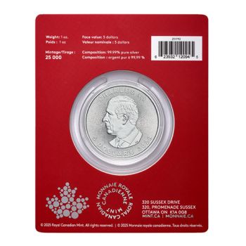 1 Unze Silbermünze Kanada 2026 Maple Leaf im Blister der Royal Canadian Mint, Vorderseite mit Porträt von König Charles III., Rückseite mit klassischem Ahornblatt und Privy-Mark ‚Year of the Horse‘, geprägt in 999,9 Feinsilber mit Radiallinien und Micro-E