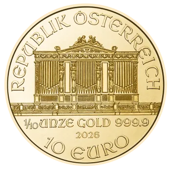 1/10 Unze Goldmünze Österreich 2026 Wiener Philharmoniker mit Instrumentenmotiv des Orchesters, geprägt von der Münze Österreich, Wertseite mit Orgelmotiv und Euro-Nennwert.