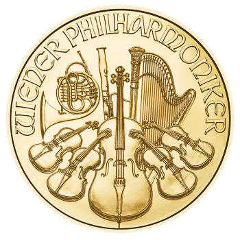 1/10 Unze Goldmünze Österreich 2026 Wiener Philharmoniker mit Instrumentenmotiv des Orchesters, geprägt von der Münze Österreich, Wertseite mit Orgelmotiv und Euro-Nennwert.