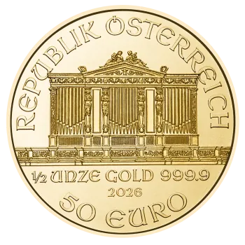 1/2 Unze Goldmünze Österreich 2026 Wiener Philharmoniker mit Instrumentenmotiv des Orchesters, geprägt von der Münze Österreich, Wertseite mit Orgelmotiv und Euro-Nennwert