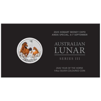 1/4 Unze Silbermünze Australien 2026 Blister in Farbe - Lunar Serie 3 - Motiv: PFERD | Privy Mark: Hobart Money Expo ANDA Special Ausgabe *