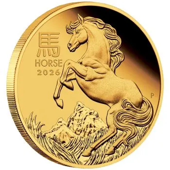 1/10 Unze Goldmünze Australien 2026 Lunar Pferd in Polierter Platte, detailreiches Pferdemotiv mit spiegelndem Proof-Hintergrund, Porträt von König Charles III. auf der Vorderseite, präsentiert in einer hochwertigen Box mit Zertifikat.