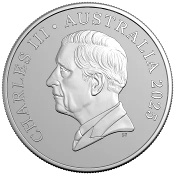 1 oz Silbermünze Australien 2025 der Royal Australian Mint im Blister. Vorderseite mit modern gestaltetem Känguru im Bush-Capital-Motiv, Rückseite mit Porträt von König Charles III., Präsentation im farbigen Blisterkarton.