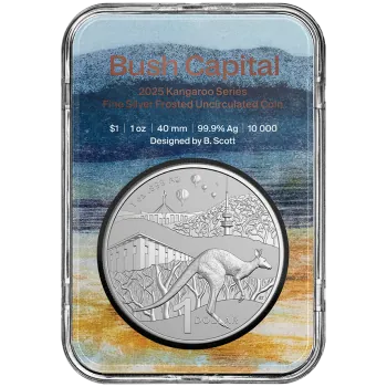 1 oz Silbermünze Australien 2025 der Royal Australian Mint im Blister. Vorderseite mit modern gestaltetem Känguru im Bush-Capital-Motiv, Rückseite mit Porträt von König Charles III., Präsentation im farbigen Blisterkarton.