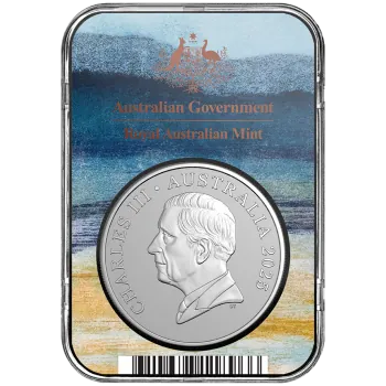 1 oz Silbermünze Australien 2025 der Royal Australian Mint im Blister. Vorderseite mit modern gestaltetem Känguru im Bush-Capital-Motiv, Rückseite mit Porträt von König Charles III., Präsentation im farbigen Blisterkarton.