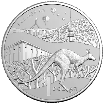 1 oz Silbermünze Australien 2025 der Royal Australian Mint im Blister. Vorderseite mit modern gestaltetem Känguru im Bush-Capital-Motiv, Rückseite mit Porträt von König Charles III., Präsentation im farbigen Blisterkarton.
