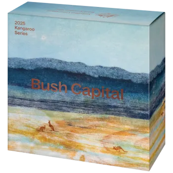 „1 oz Silbermünze Australien 2025 der Royal Australian Mint in Polierter Platte. Motiv mit Känguru im Bush-Capital-Design, spiegelnde und mattierte Elemente, geliefert im hochwertigen Etui mit Schuber.“