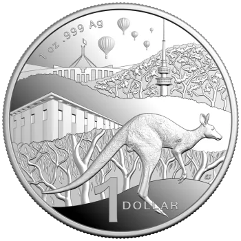 „1 oz Silbermünze Australien 2025 der Royal Australian Mint in Polierter Platte. Motiv mit Känguru im Bush-Capital-Design, spiegelnde und mattierte Elemente, geliefert im hochwertigen Etui mit Schuber.“