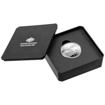 „1 oz Silbermünze Australien 2025 der Royal Australian Mint in Polierter Platte. Motiv mit Känguru im Bush-Capital-Design, spiegelnde und mattierte Elemente, geliefert im hochwertigen Etui mit Schuber.“