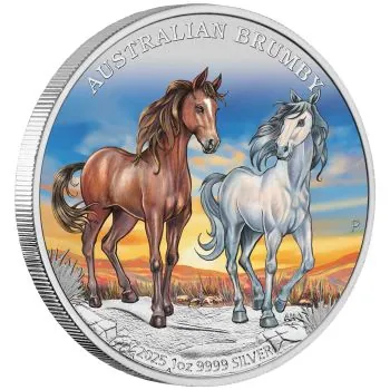 1 oz Silbermünze Australien 2025 der Perth Mint, farbig gestaltetes Motiv eines Brumby-Wildpferdes, Rückseite mit Porträt von König Charles III., verpackt im Sammler-Etui mit Zertifikat.