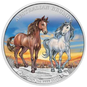 1 oz Silbermünze Australien 2025 der Perth Mint, farbig gestaltetes Motiv eines Brumby-Wildpferdes, Rückseite mit Porträt von König Charles III., verpackt im Sammler-Etui mit Zertifikat.