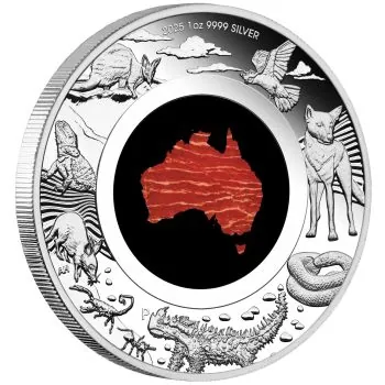 1 oz Silbermünze Australien 2025 der Perth Mint in Polierter Platte. Motiv mit australischer Landkarte, veredelt mit echtem Snakeskin Jasper, glänzende Silberoberfläche, Lieferung im Etui mit Zertifikat.