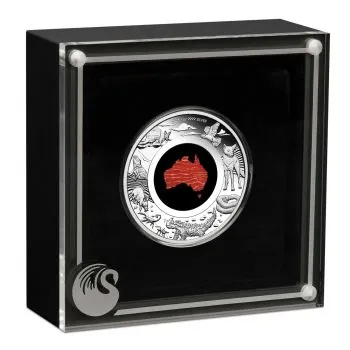 1 oz Silbermünze Australien 2025 der Perth Mint in Polierter Platte. Motiv mit australischer Landkarte, veredelt mit echtem Snakeskin Jasper, glänzende Silberoberfläche, Lieferung im Etui mit Zertifikat.