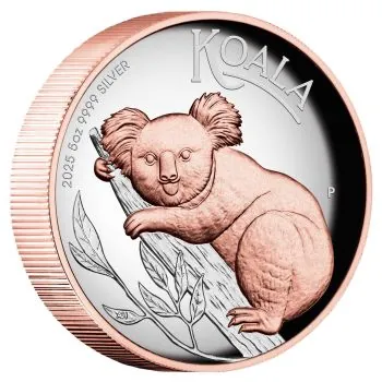 „5 Unzen Silbermünze Australien 2025 der Perth Mint, hoch reliefierter Koala mit Roségold-Akzenten, glänzende Polierte Platte, Lieferung in Präsentationsetui mit nummeriertem Zertifikat.“