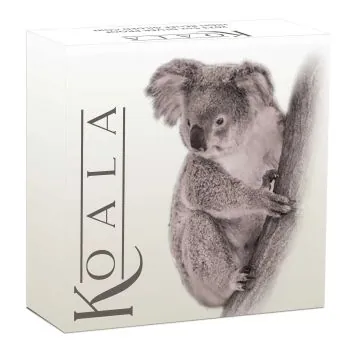 „5 Unzen Silbermünze Australien 2025 der Perth Mint, hoch reliefierter Koala mit Roségold-Akzenten, glänzende Polierte Platte, Lieferung in Präsentationsetui mit nummeriertem Zertifikat.“