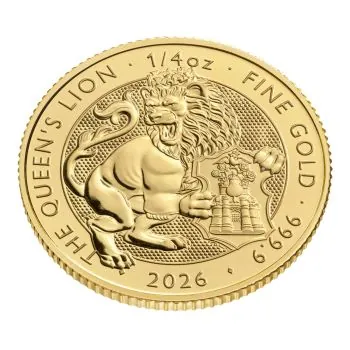 Goldmünze 1/4 oz aus Großbritannien, Motiv ‚The Queen’s Lion‘ mit heraldischem Löwen. Glänzende 999,9-Goldoberfläche, moderne Prägung, rundes Münzformat.