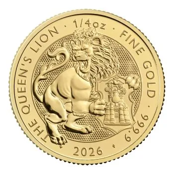 Goldmünze 1/4 oz aus Großbritannien, Motiv ‚The Queen’s Lion‘ mit heraldischem Löwen. Glänzende 999,9-Goldoberfläche, moderne Prägung, rundes Münzformat.