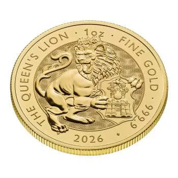 „Goldmünze 1 oz Großbritannien 2026 mit Motiv ‚The Queen’s Lion‘ aus der Royal Tudor Beasts Collection. Glänzende 999,9-Goldoberfläche, detailreiche heraldische Prägung, rundes Münzformat.“